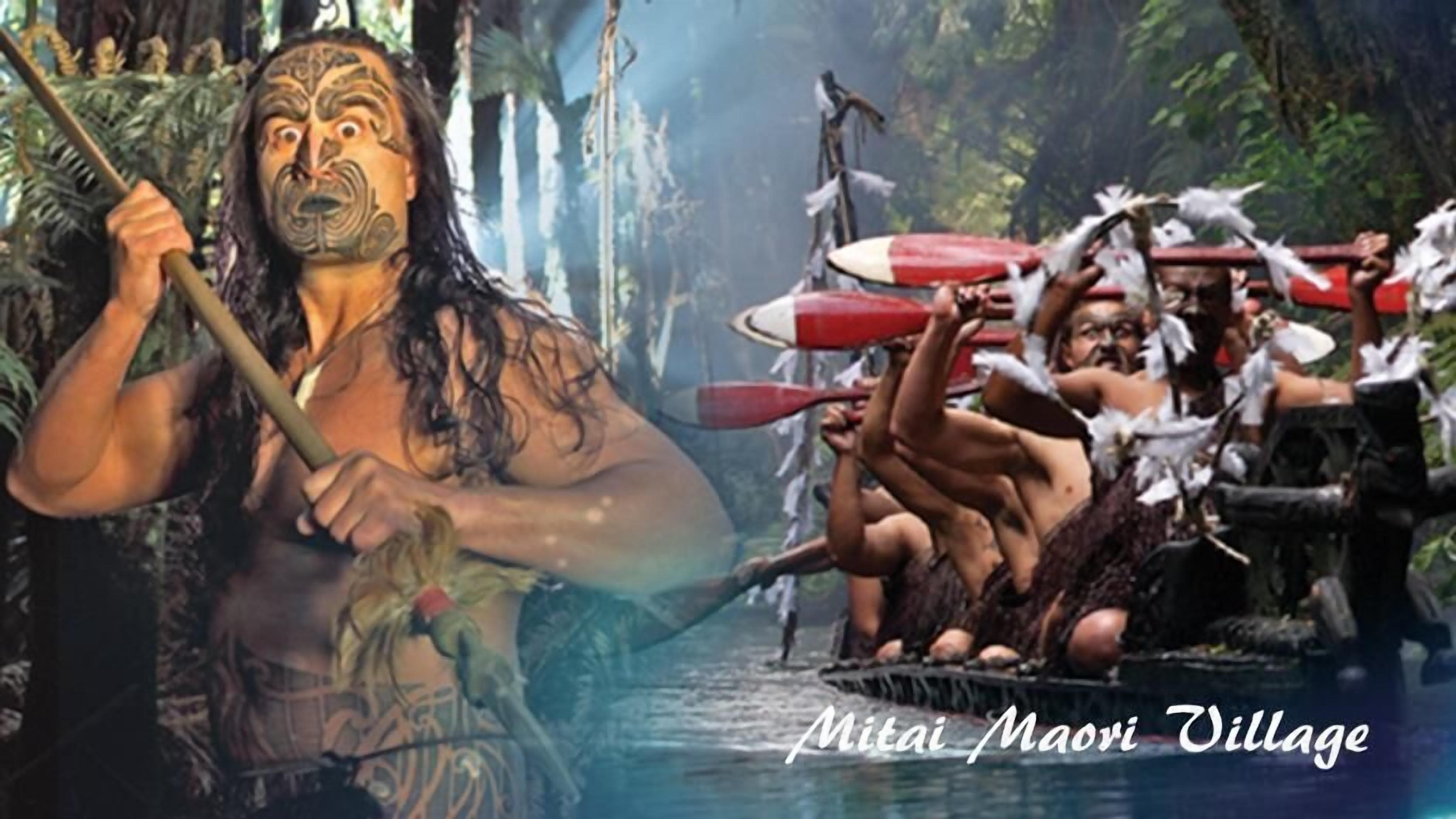 A traditional Maori village scene with a canoe and warriors.