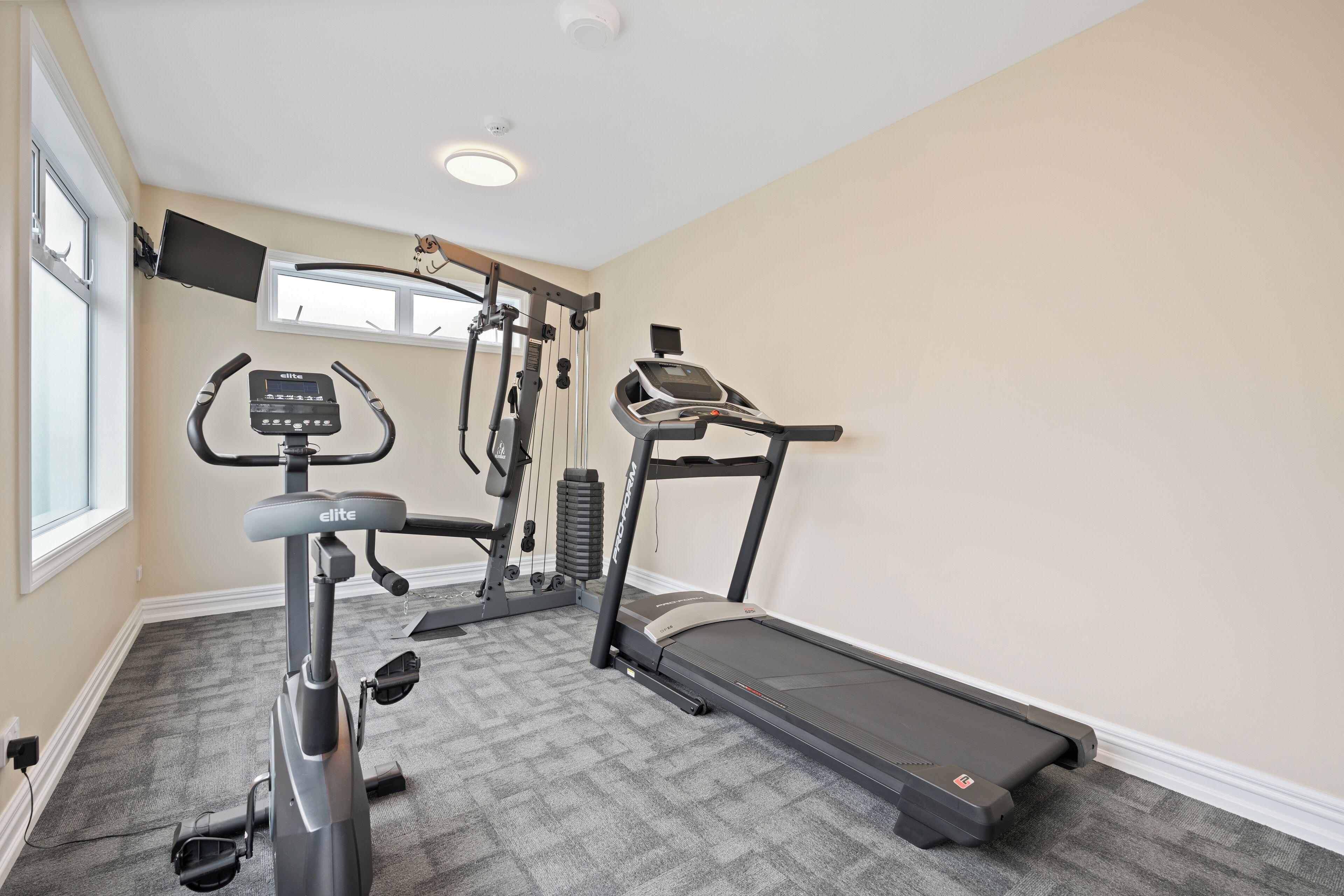 Un gimnasio en casa con una elíptica, una cinta de correr y una máquina de pesas.