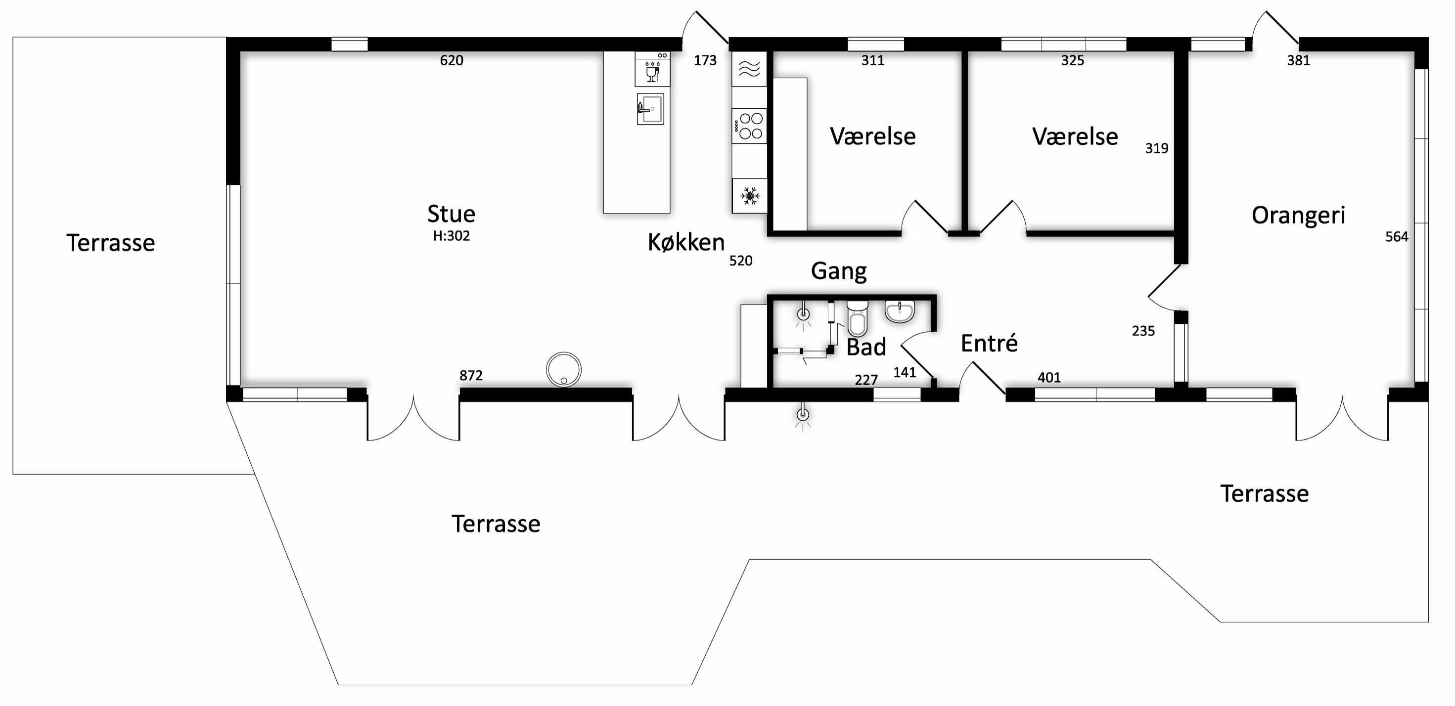 Een plattegrond met een terras, keuken, twee badkamers met privé toilet, een badkamer en een slaapkamer.