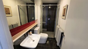Dusche, Haartrockner, Shampoo, Toilettenpapier