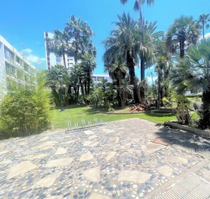 A courtyard with a mosaic-tiled floor, surrounded by palm trees and greenery, with a building in the background.