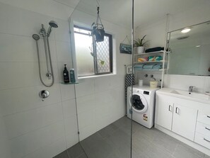 Hair dryer, towels, soap, toilet paper