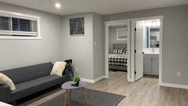 Een modern appartement met een grijze bank, een klein rond tafeltje met een plant, een schilderij aan de muur, en een keuken zichtbaar door een open deur.