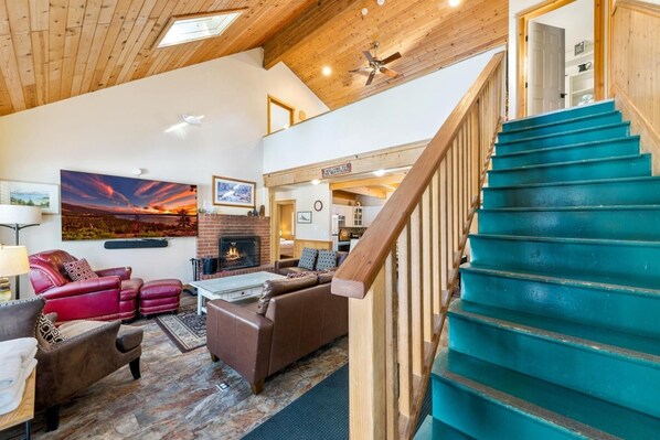 Smart TV, fireplace, video games, DVD player