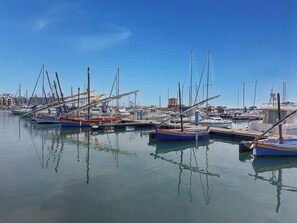 Ein Yachthafen mit vertÀuten Booten, ruhigem Wasser und GebÀuden im Hintergrund.