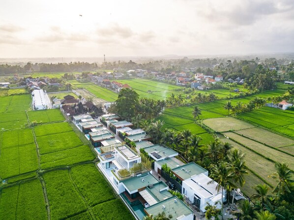 A modern residential area with a row of houses, green fields, and a clear sky.