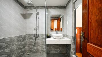 Shower, rainfall showerhead, hair dryer, bathrobes