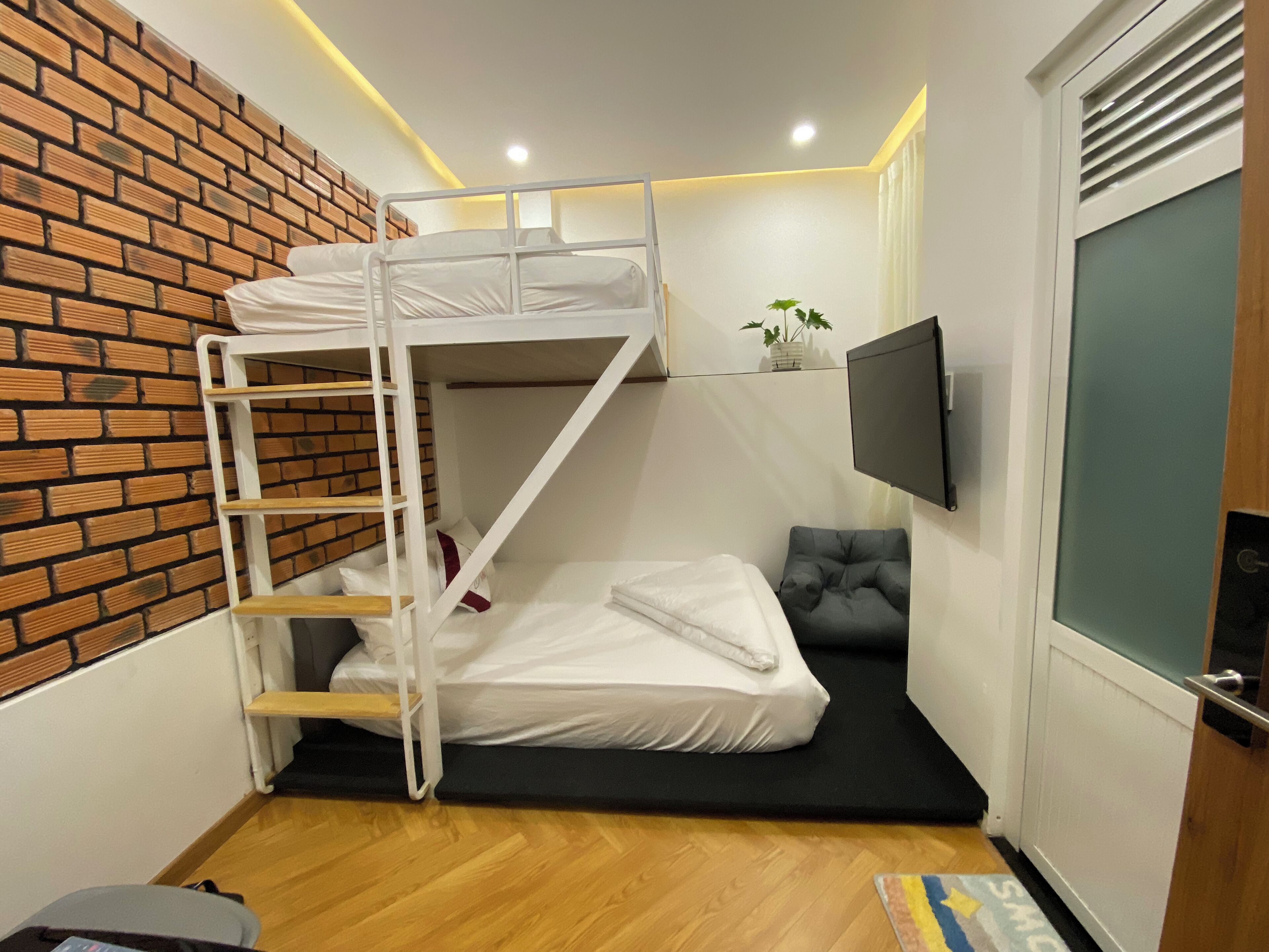 Habitación pequeña con literas, un escritorio, una silla, un televisor montado en la pared y una planta en maceta.