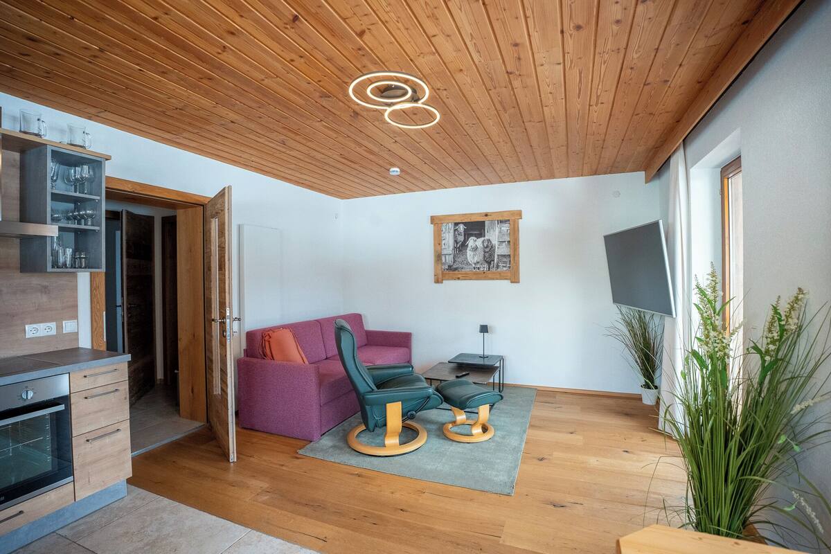 Una sala moderna con techo de madera, un sofá, un sillón verde, un televisor y una mesita.