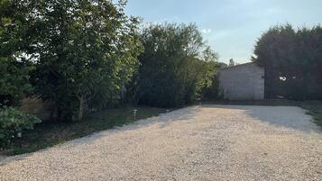 A gravel driveway leading to a building with a stone wall and dense foliage on one side.