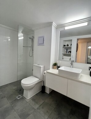 Shower, hair dryer, towels, soap