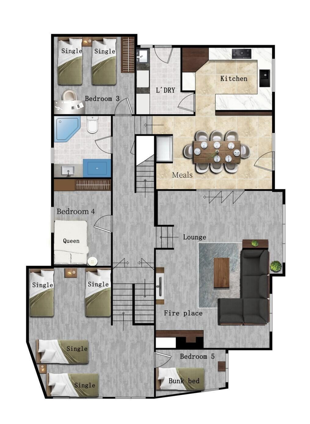 A hotel layout with five bedrooms, a kitchen, a lounge, and a fire place.