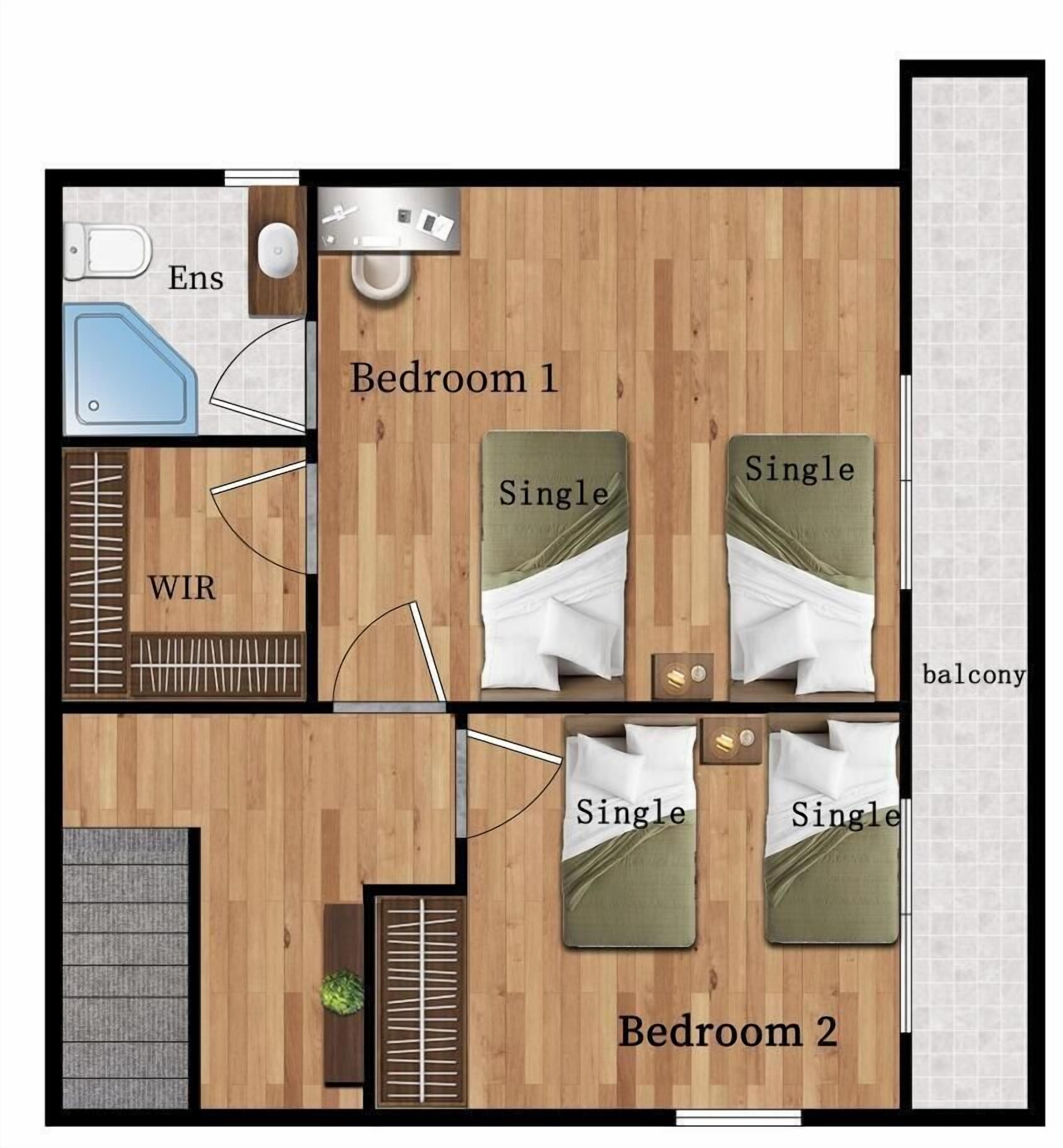 Un plan d’étage d’un hôtel comprenant deux chambres à un lit, une salle de bain, un dressing et un balcon.