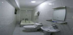 Shower, rainfall showerhead, towels, soap