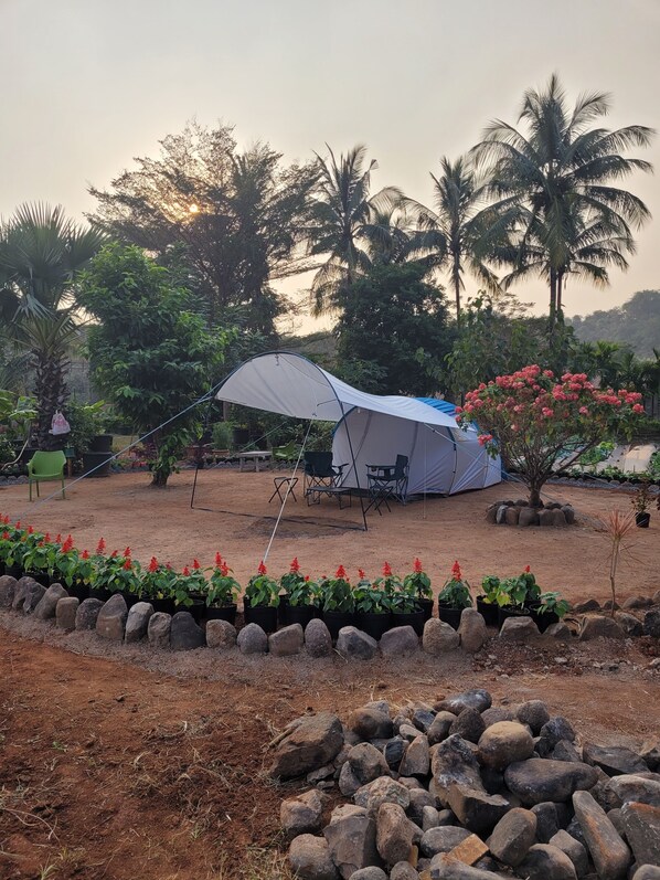 A tent set up in a garden with palm trees and red flowers in the foreground. - The Riverstone Agro Farm (Panvel)