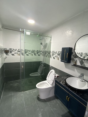 Comfort-Apartment | Badezimmer | Hydromassagedusche, Bidet, Handtücher, Toilettenpapier