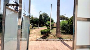 Un chemin pavé mène à l’entrée d’un bâtiment doté de portes en verre, le tout étant entouré de verdure et de palmiers.