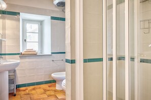 Shower, hair dryer, bidet, towels