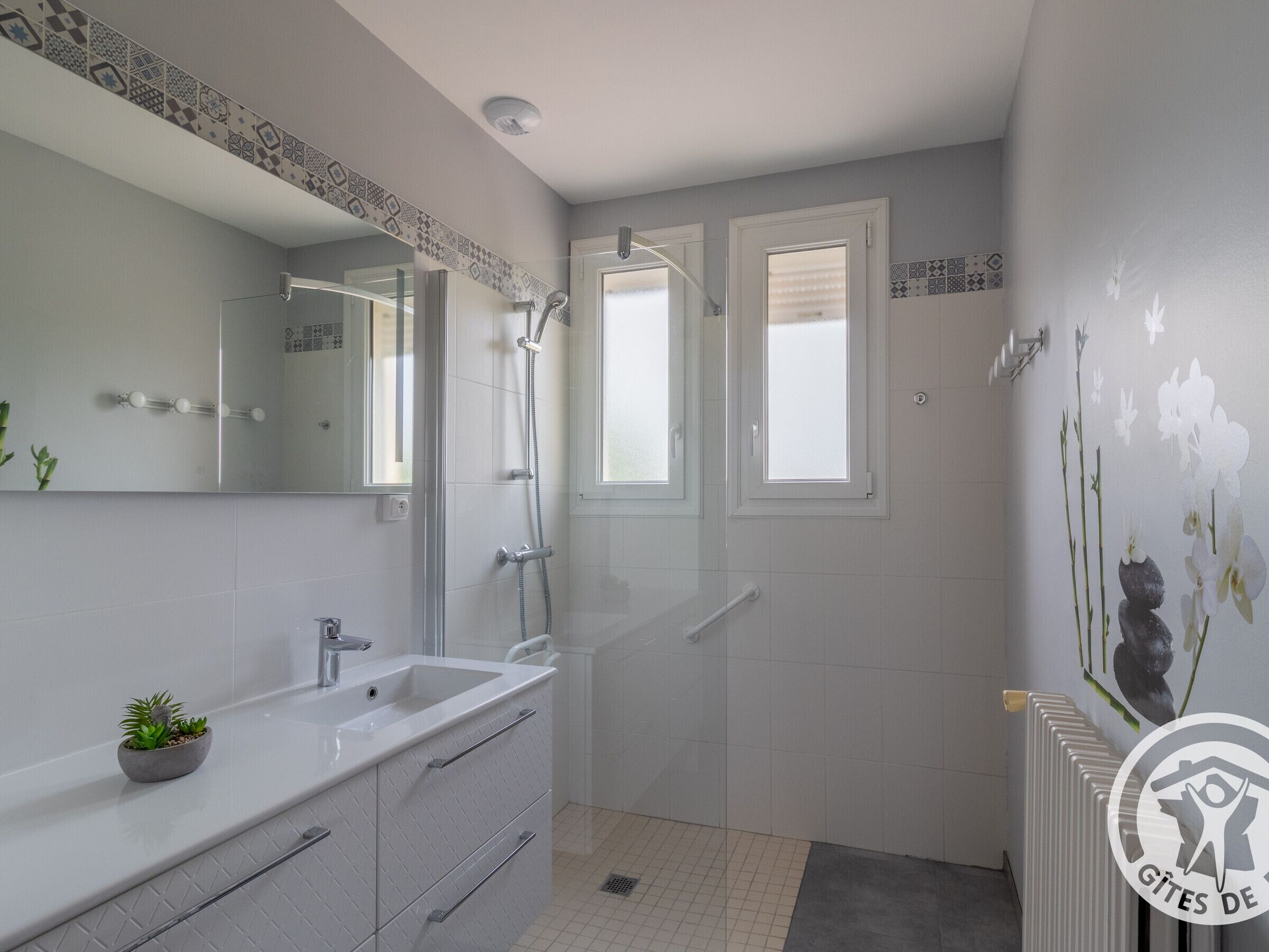 A bathroom with a white sink, mirror, and shower. There is a small plant on the counter and a radiator on the wall.