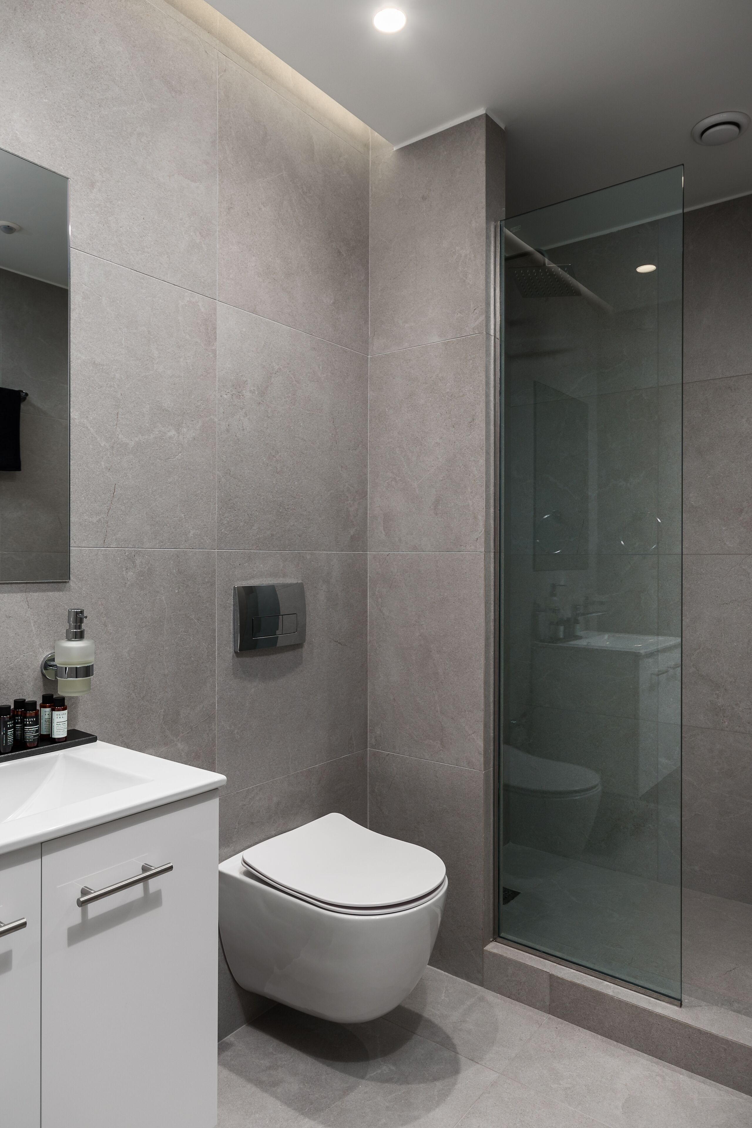 A modern bathroom with a glass shower enclosure, a white toilet, and a vanity with a mirror and toiletries.