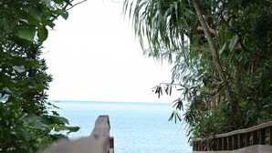 A view of a wooden deck leading to a body of water, surrounded by dense foliage. - ASBO STAY HOTEL (Kin)