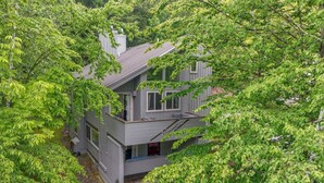 A modern two-story house surrounded by lush green trees.