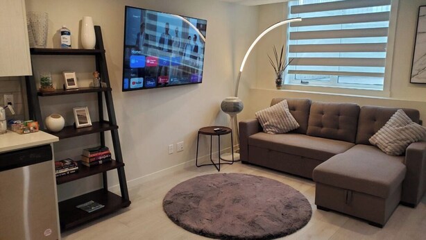 Una sala de estar moderna con un sofá, un tapete redondo, un televisor montado en la pared y una ventana con persianas.