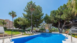 Une piscine entourée d’arbres et d’une clôture, avec des chaises longues à proximité.