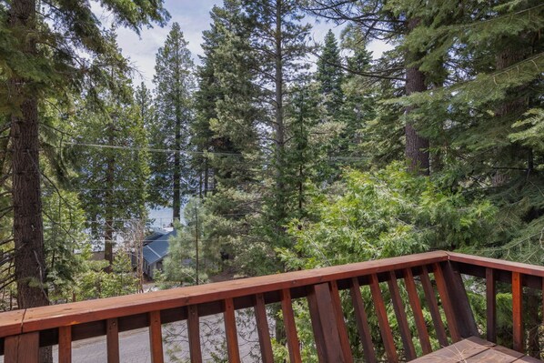A wooden deck overlooking a forested area with tall trees and a building in the background.