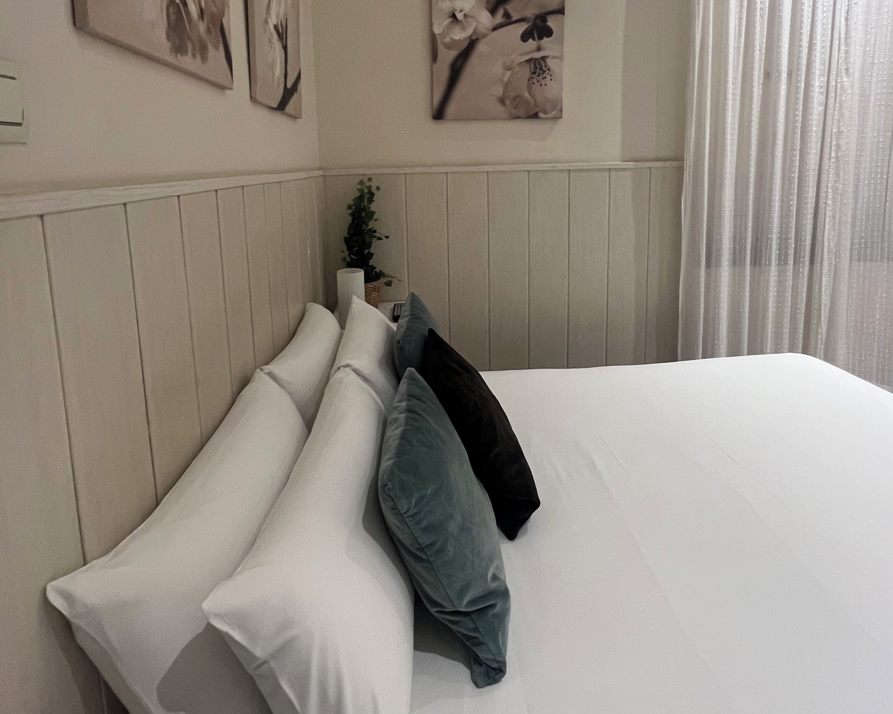 A neatly made bed with white and grey pillows, a small plant, and a framed picture on the wall.