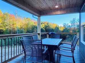 A covered outdoor deck with a table and chairs, overlooking a forest with autumn foliage.