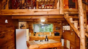 A cozy cabin-style kitchen with wooden walls, a large window, a refrigerator, a wooden table with stools, and a kettle. - Cozy RRG Retreat | Private Valley & Forest Views | Hidden Falls Cabin (Campton)