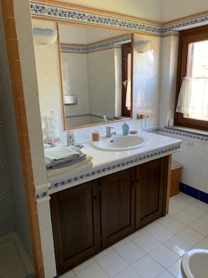 Secador de pelo, bidet, toallas, jabón
