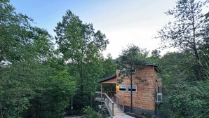 A wooden cabin with a deck and a gravel path leading to it, surrounded by trees.