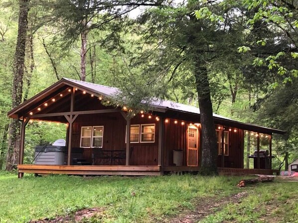 Une cabane en bois dotée d’un porche, de guirlandes lumineuses et d’un espace barbecue.