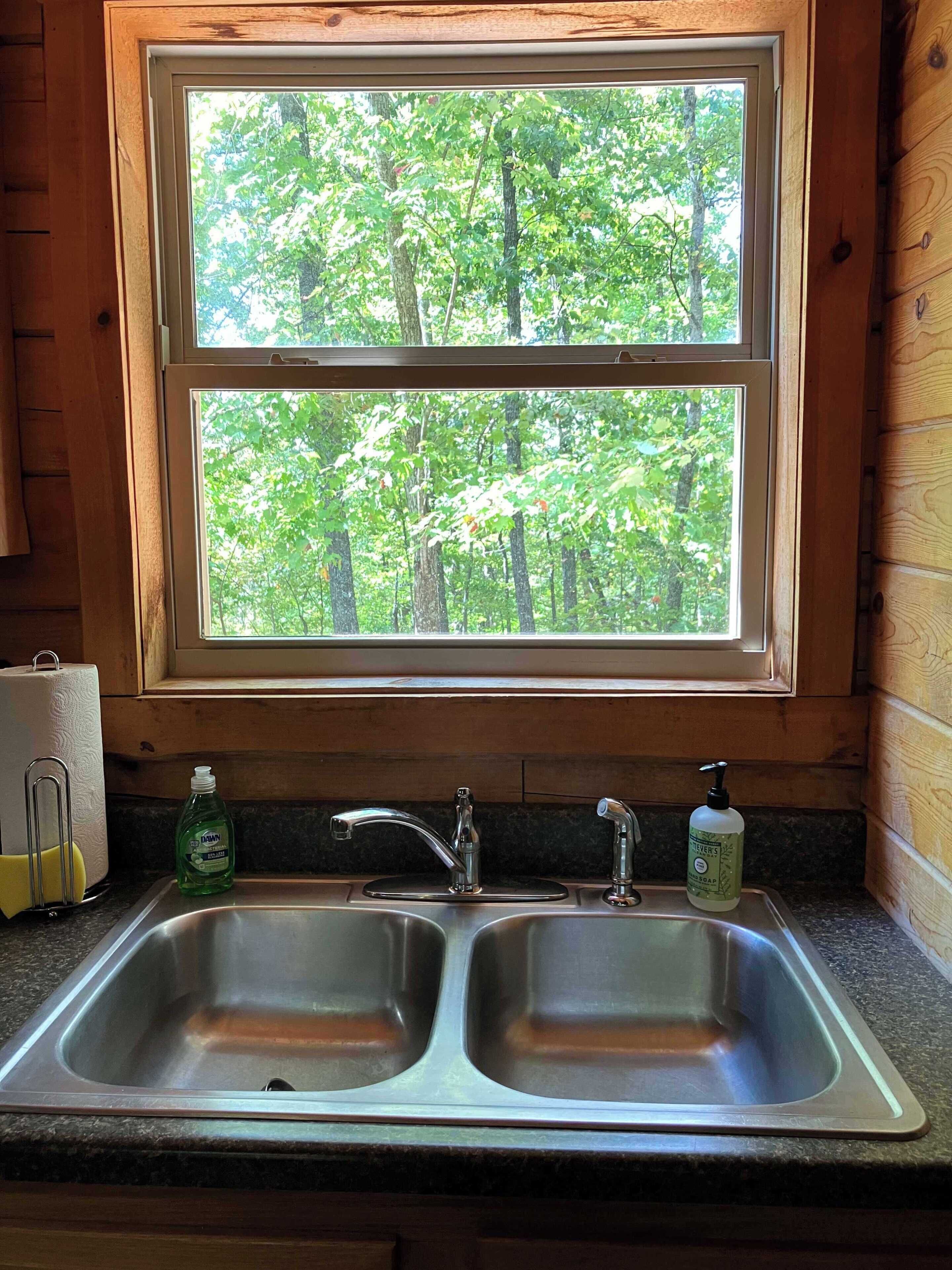 A kitchen with two stainless steel sinks, a window with a view of a forest, and wooden walls.