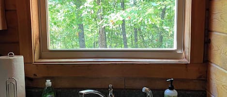 A kitchen with two stainless steel sinks, a window with a view of a forest, and wooden walls.