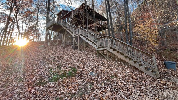 Une cabane en bois avec un escalier menant à une terrasse entourée d’arbres.