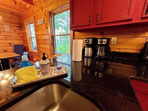 A wooden cabin kitchen with a sink, coffee maker, and a bottle of hand soap on the counter.