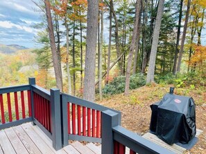 A deck with a red railing overlooking a forested area with a barbecue grill.