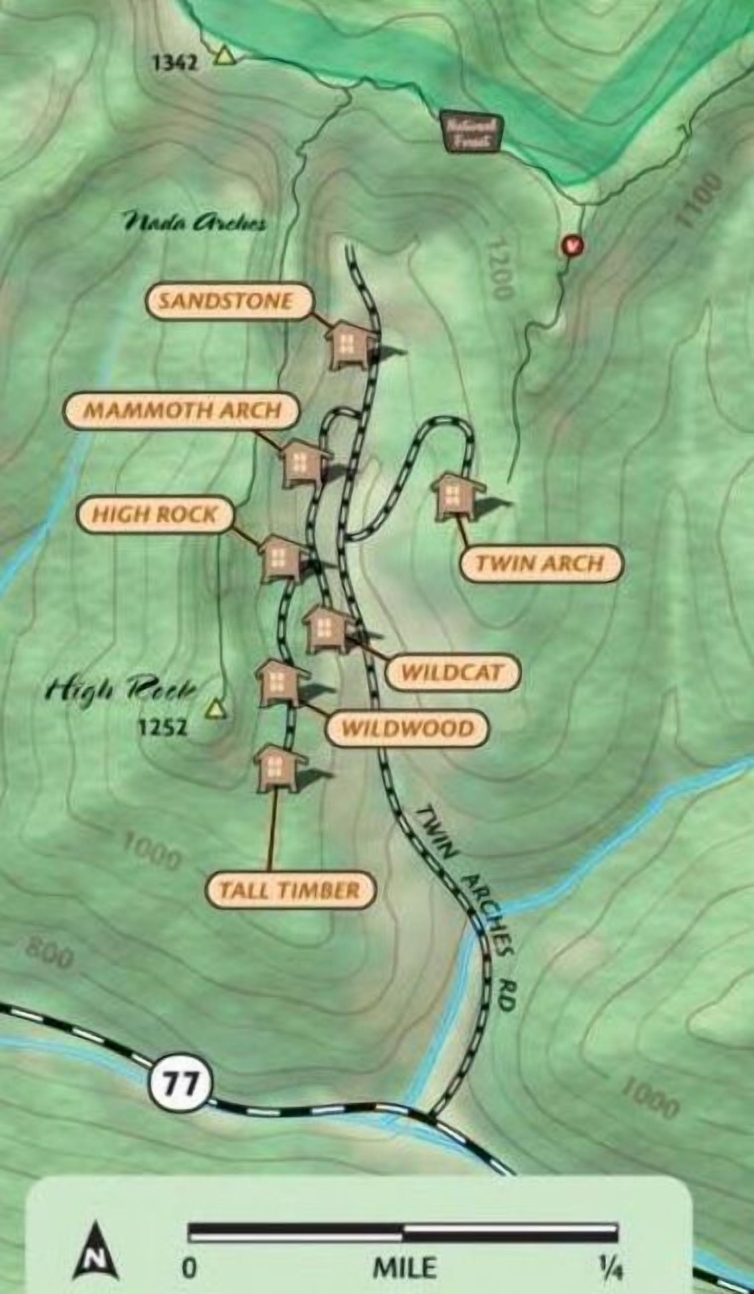 Een topografische kaart met daarop aangegeven locaties zoals Sandstone, Mammoth Arch, High Rock, Twin Arch, Wildcat, Wildwood en Tall Timber.
