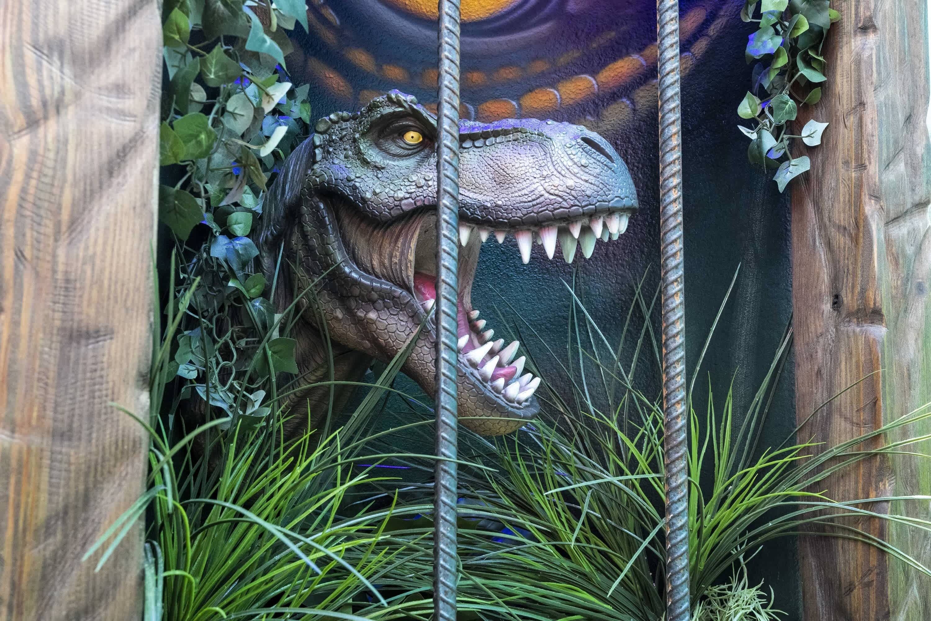 Une clôture en bois ornée d’une tête de dinosaure peinte, qui dépasse à travers le feuillage.