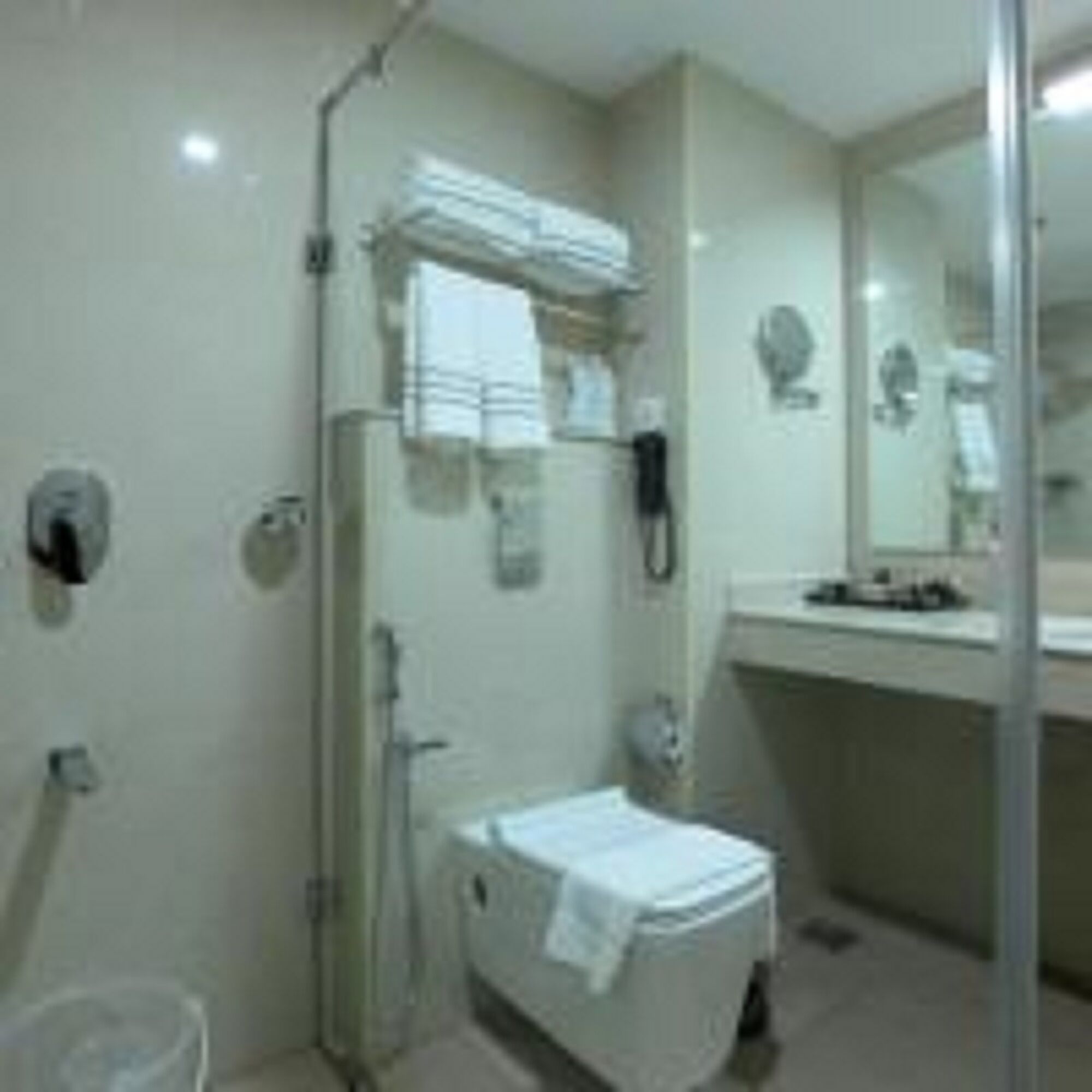 A bathroom with a glass shower enclosure, a toilet, and a sink with a mirror above it.
