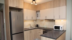 A compact kitchen with wooden cabinets, a stainless steel refrigerator, a microwave, and a sink. - Ariadni s Athenian Apartment (Athens)