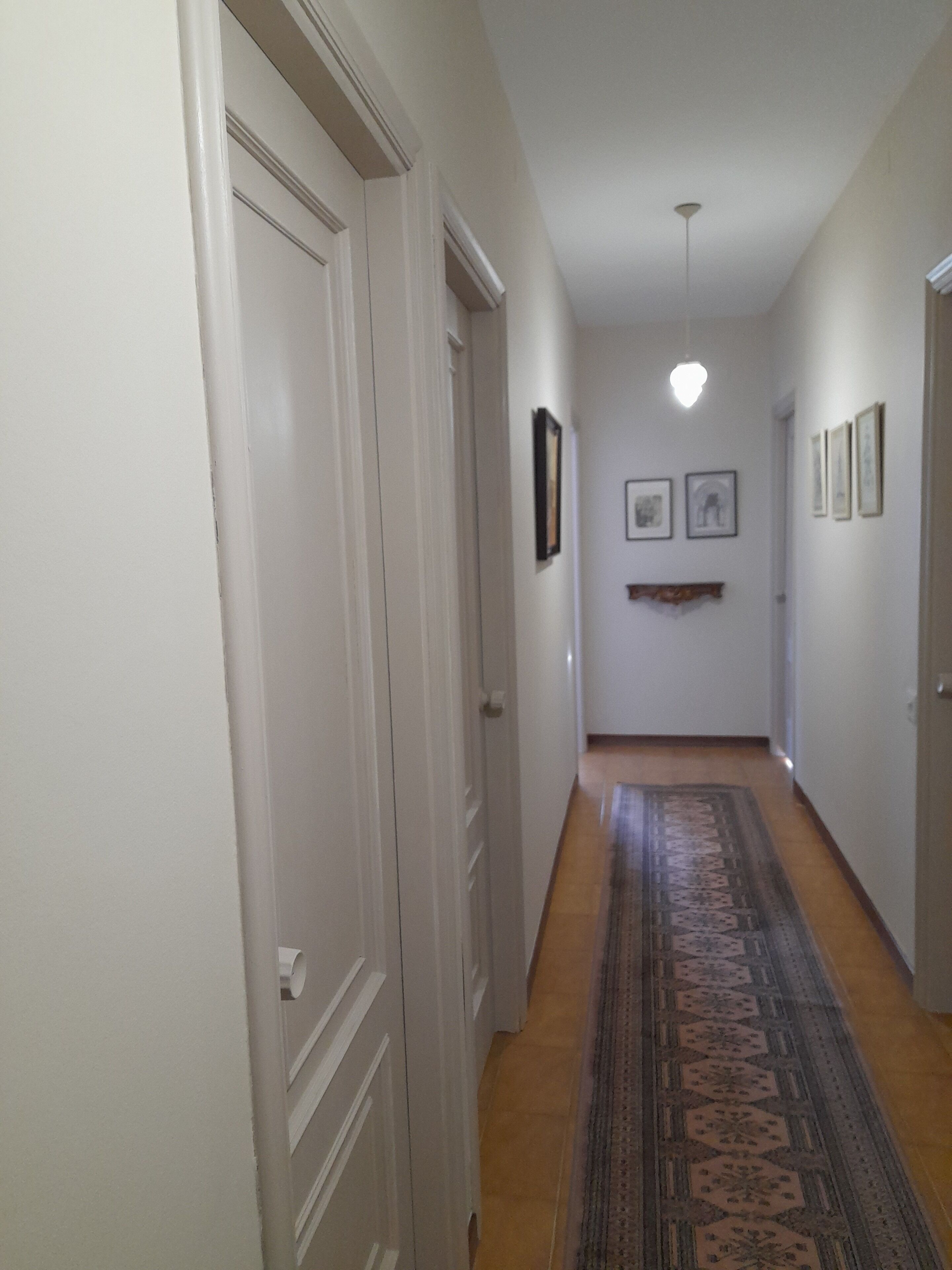 A narrow hallway with white walls, a patterned rug, and a ceiling light.