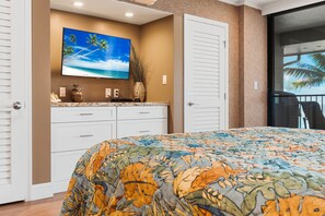 Een slaapkamer met een bed, een aan de muur bevestigde televisie, een dressoir en een deur naar een balkon.