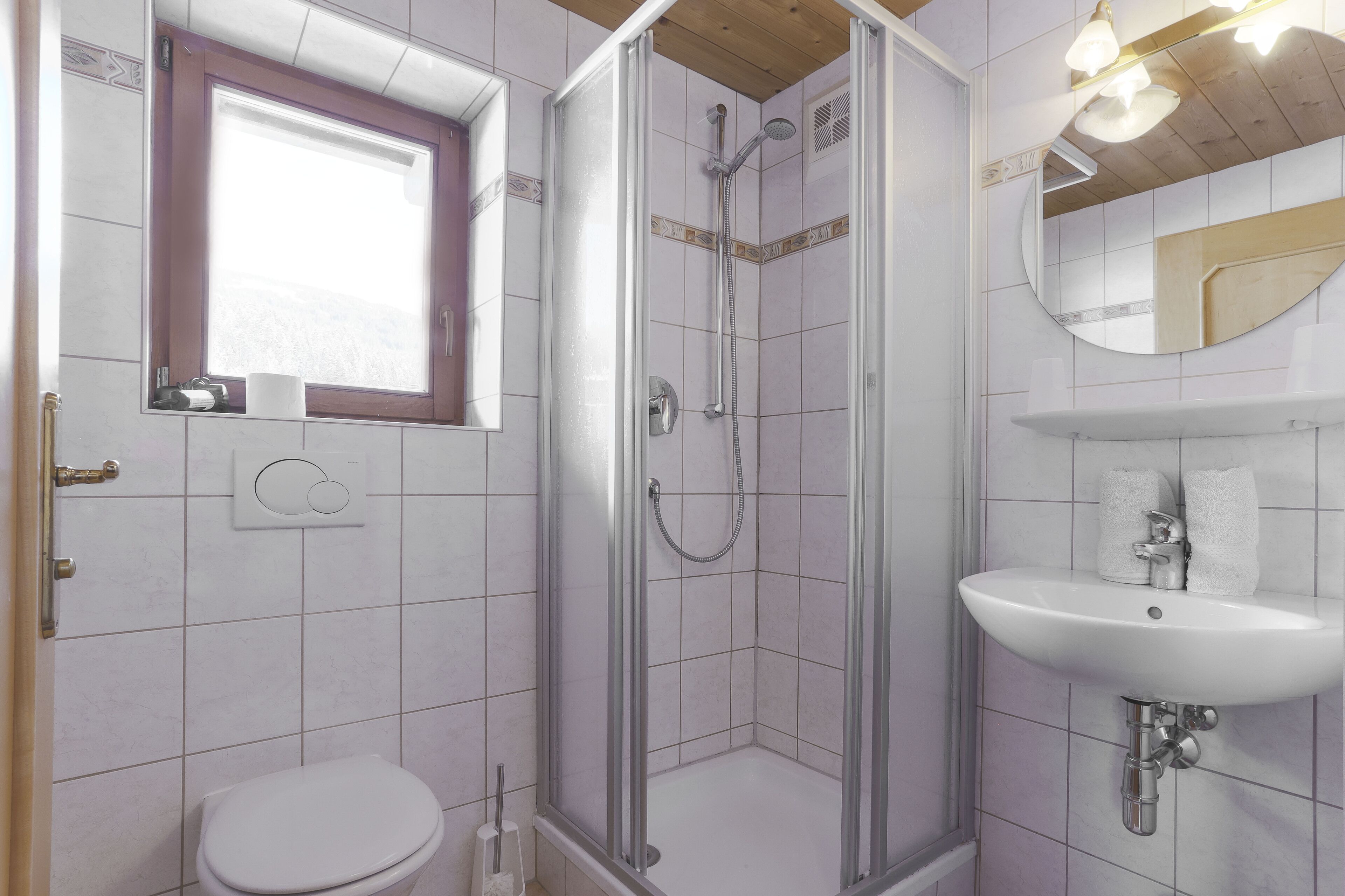 A bathroom with a toilet, a shower enclosure, a sink, and a mirror.
