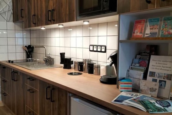 Kühlschrank, Mikrowelle, Herdplatte, Wasserkocher mit Kaffee-/Teezubehör