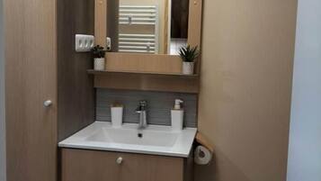 Ducha, secador de pelo, toallas y papel higiénico