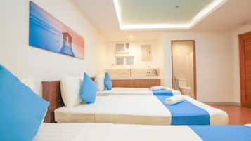 Desk, laptop workspace, free WiFi, bed sheets